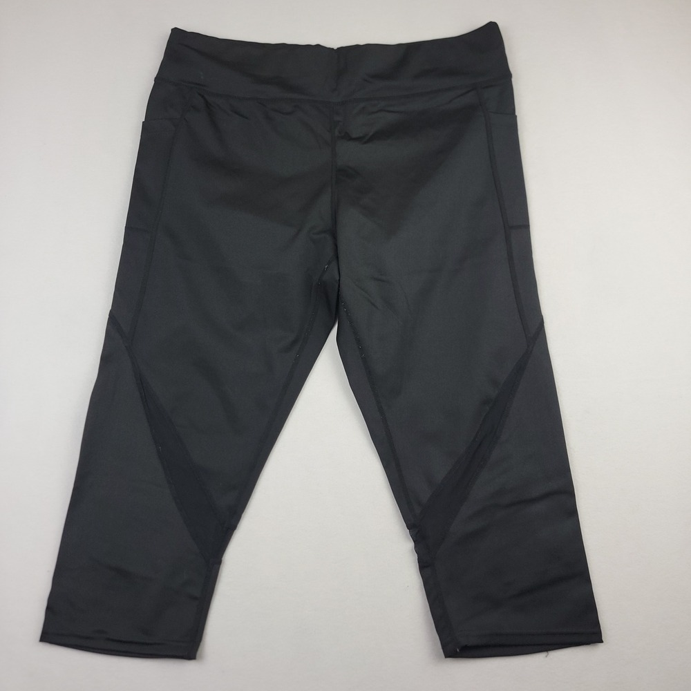 RAG Plus Womens 2X Black Mesh Panel Capri Leggings Side Pockets Reflective